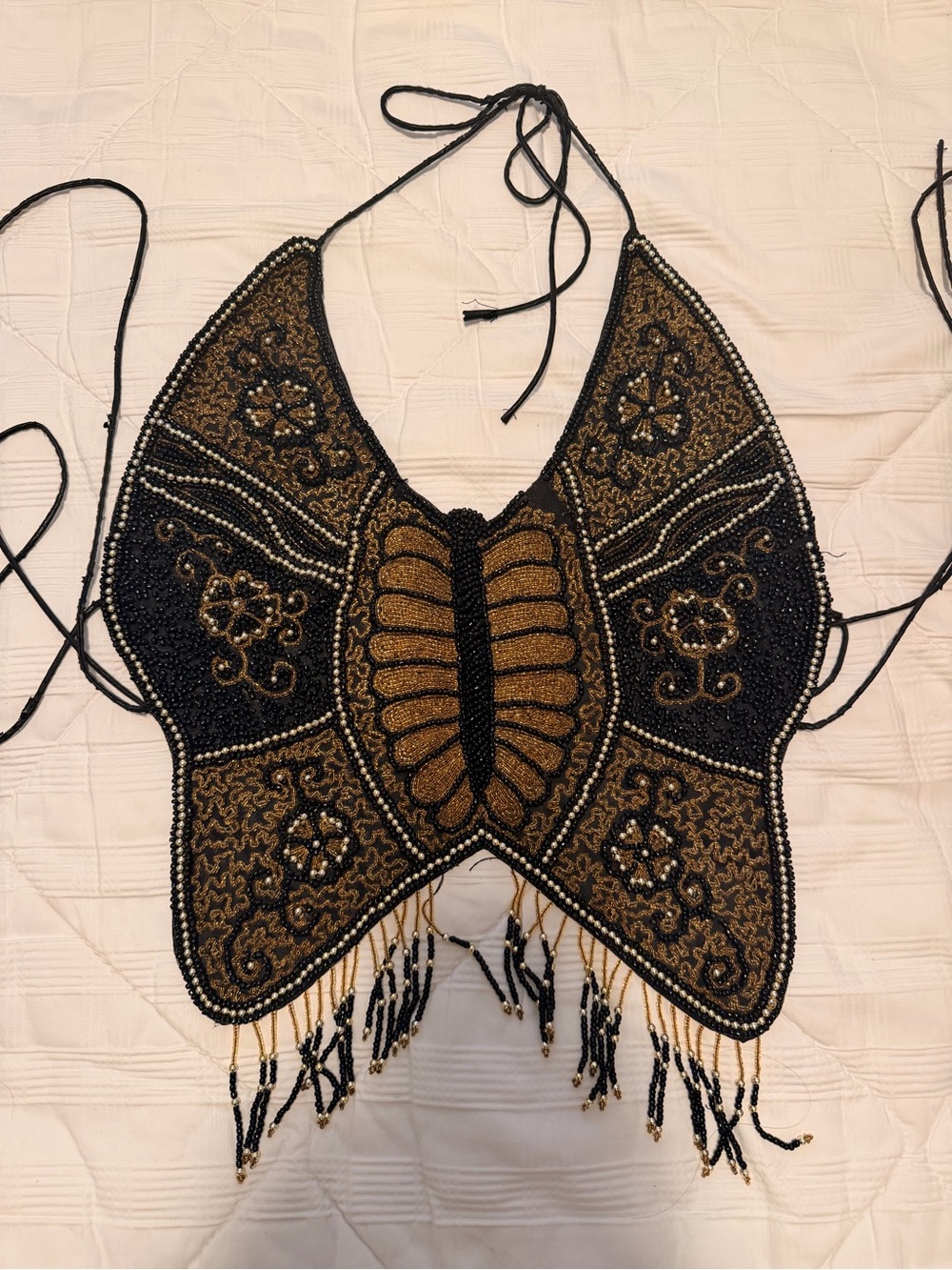 Black & Gold Beaded Halter Crop Top